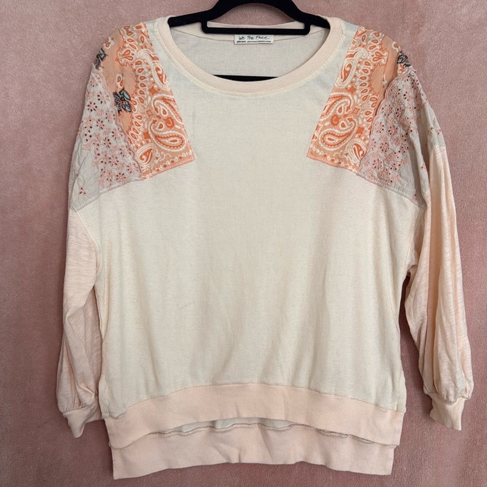Free People Feelin It Top Bandana Boho Oversize Patchwork Blouse Peach